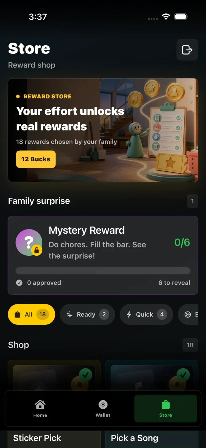 ChoreRally reward store showing family-created rewards
