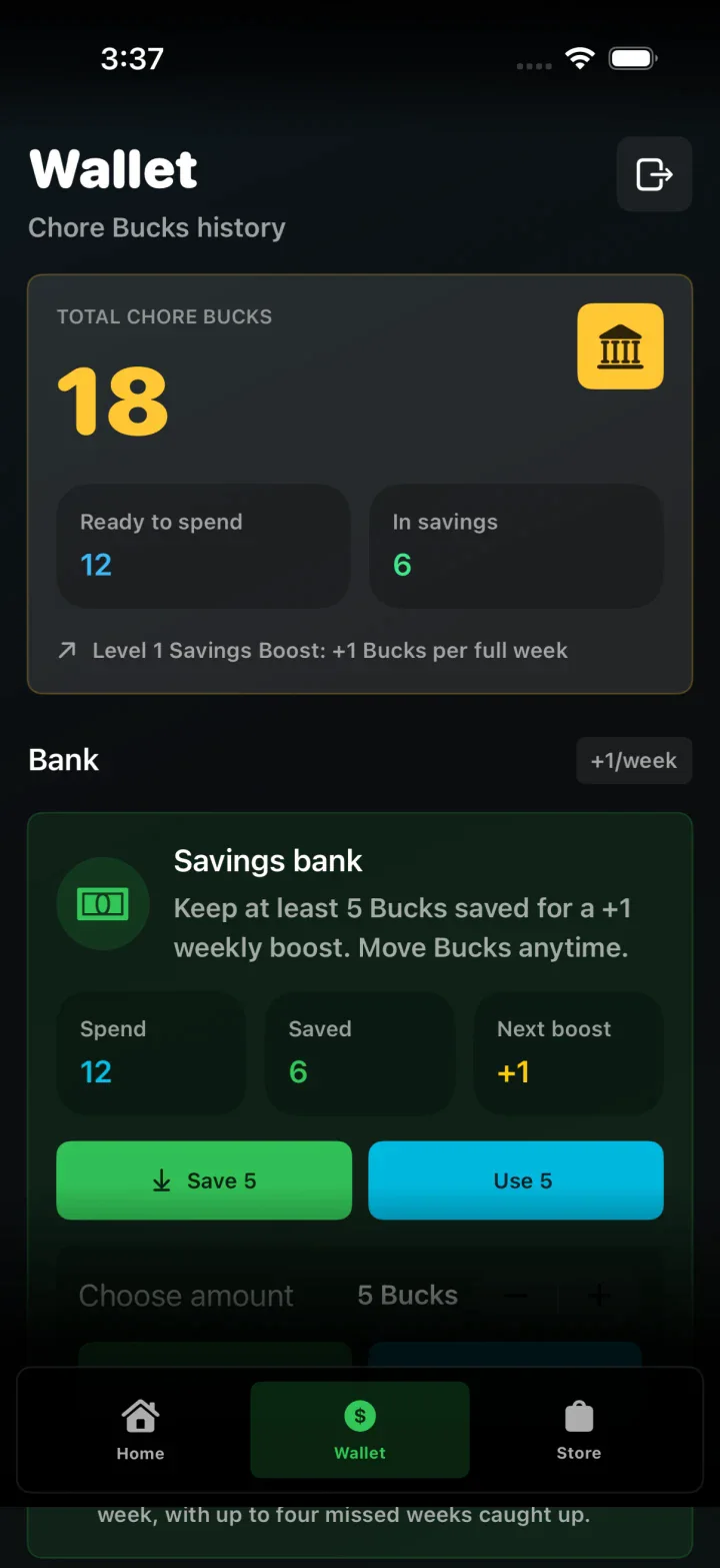 ChoreRally wallet with separate spending and savings balances