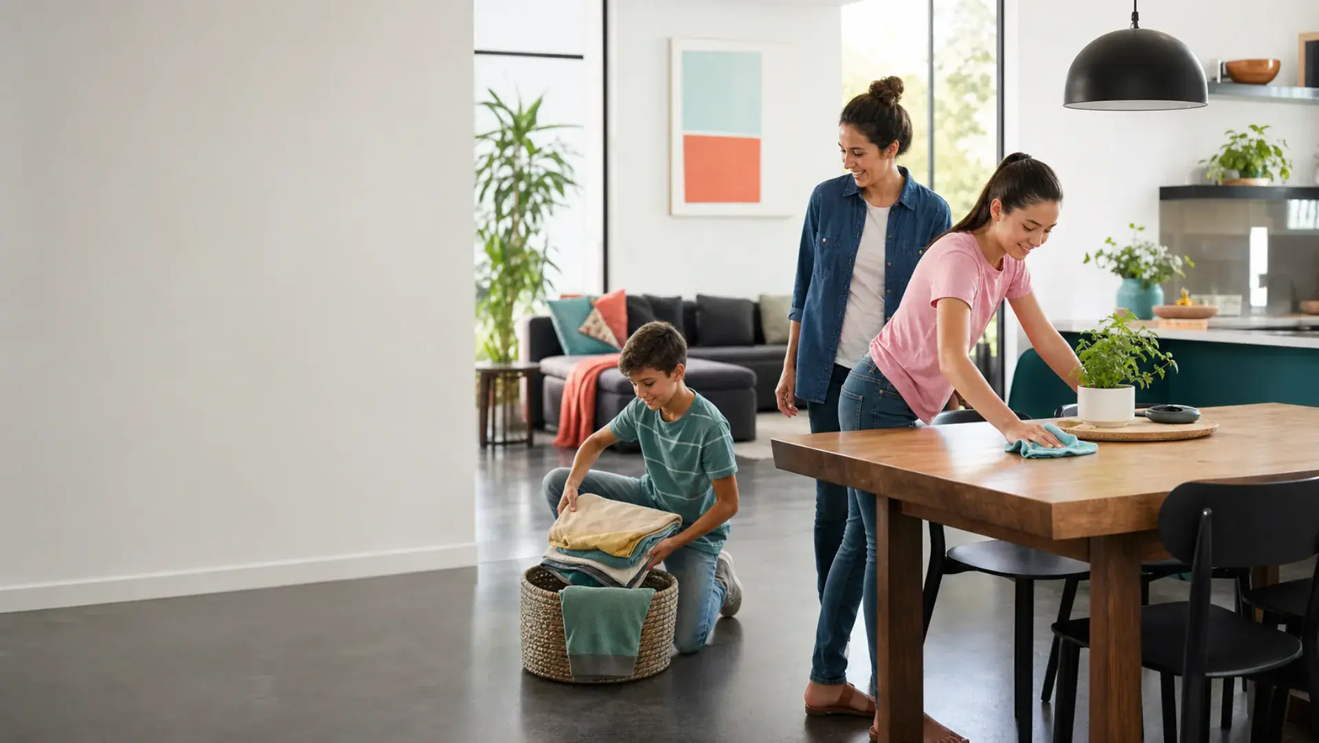 A family sharing everyday chores together at home