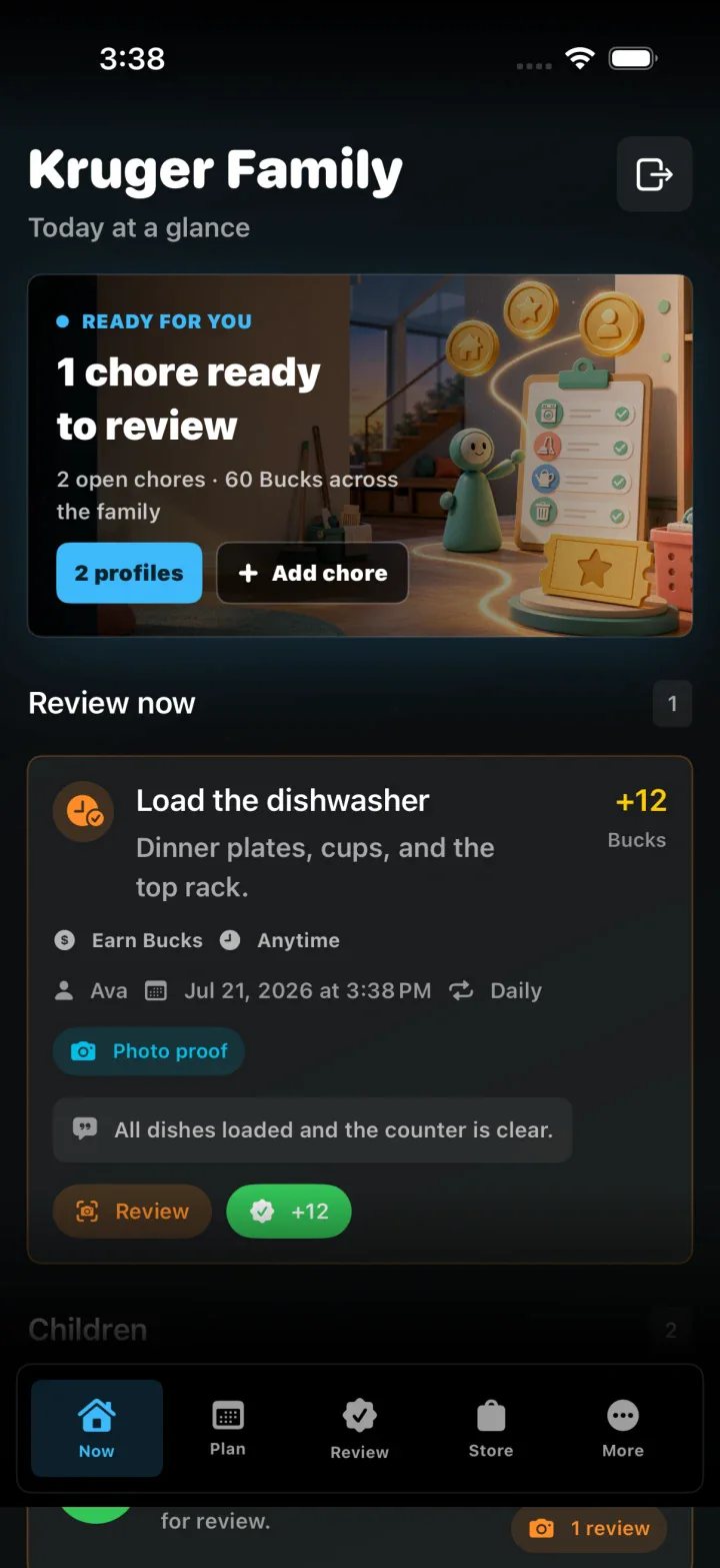 Parent home showing the family overview and chores ready to approve