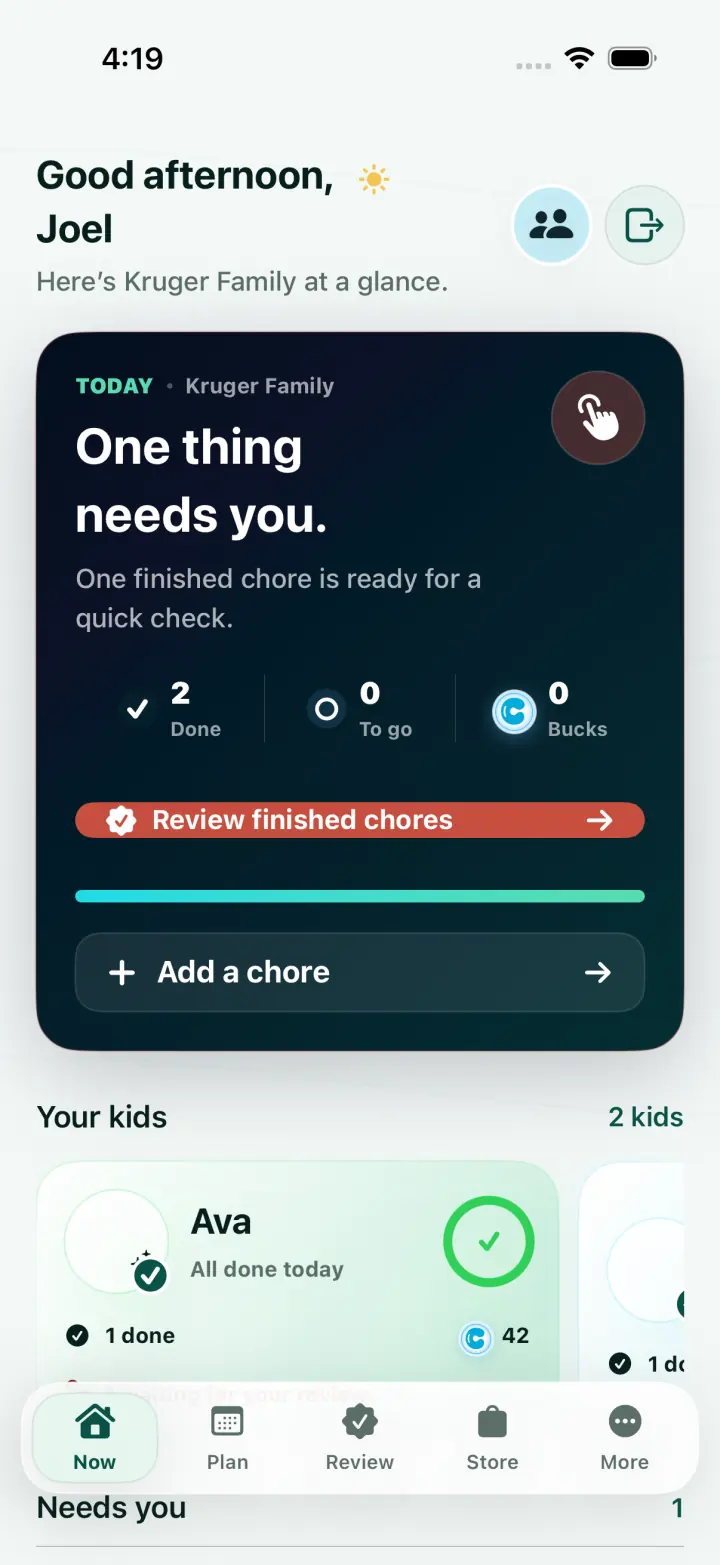 ChoreRally parent home screen
