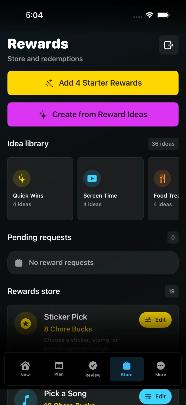 Parent reward management in ChoreRally