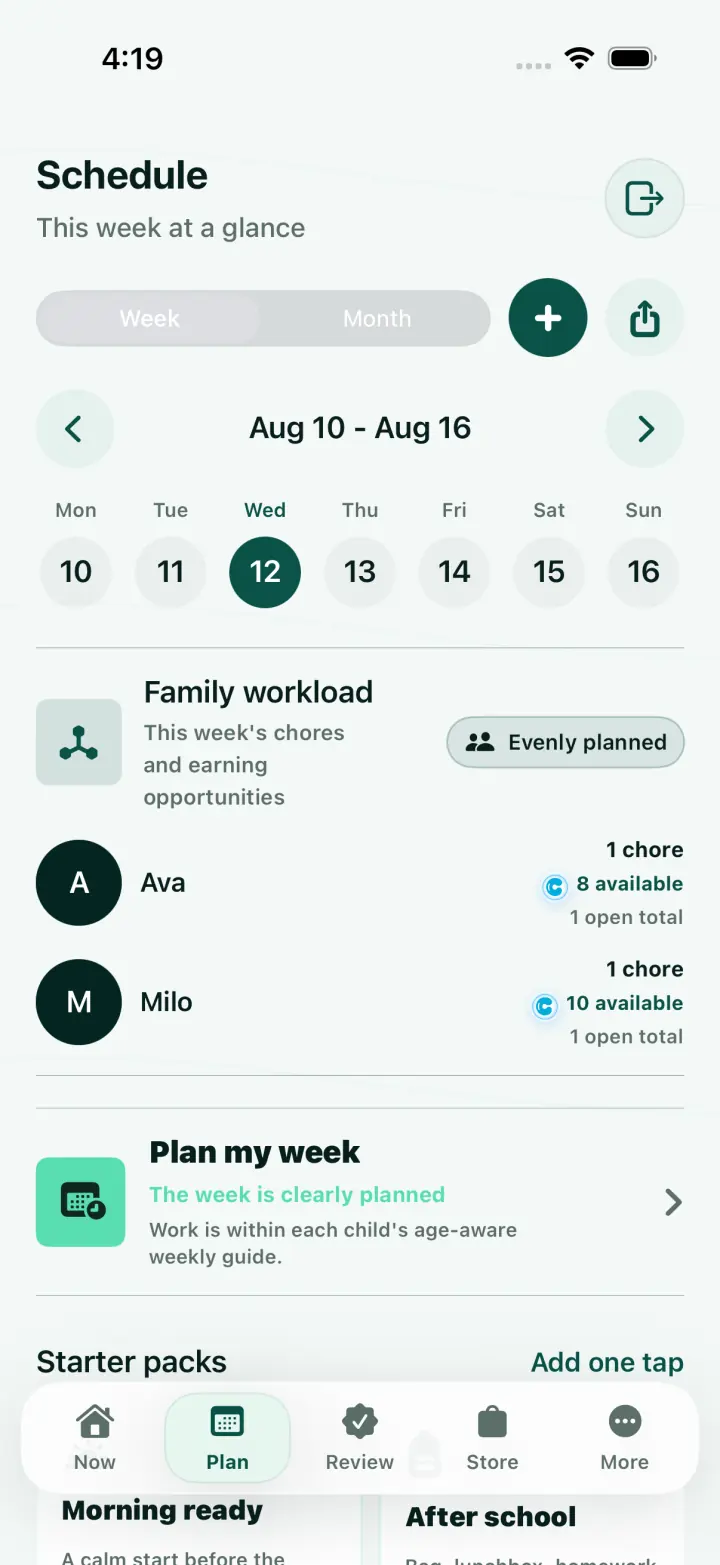 Parent schedule with weekly chore planning