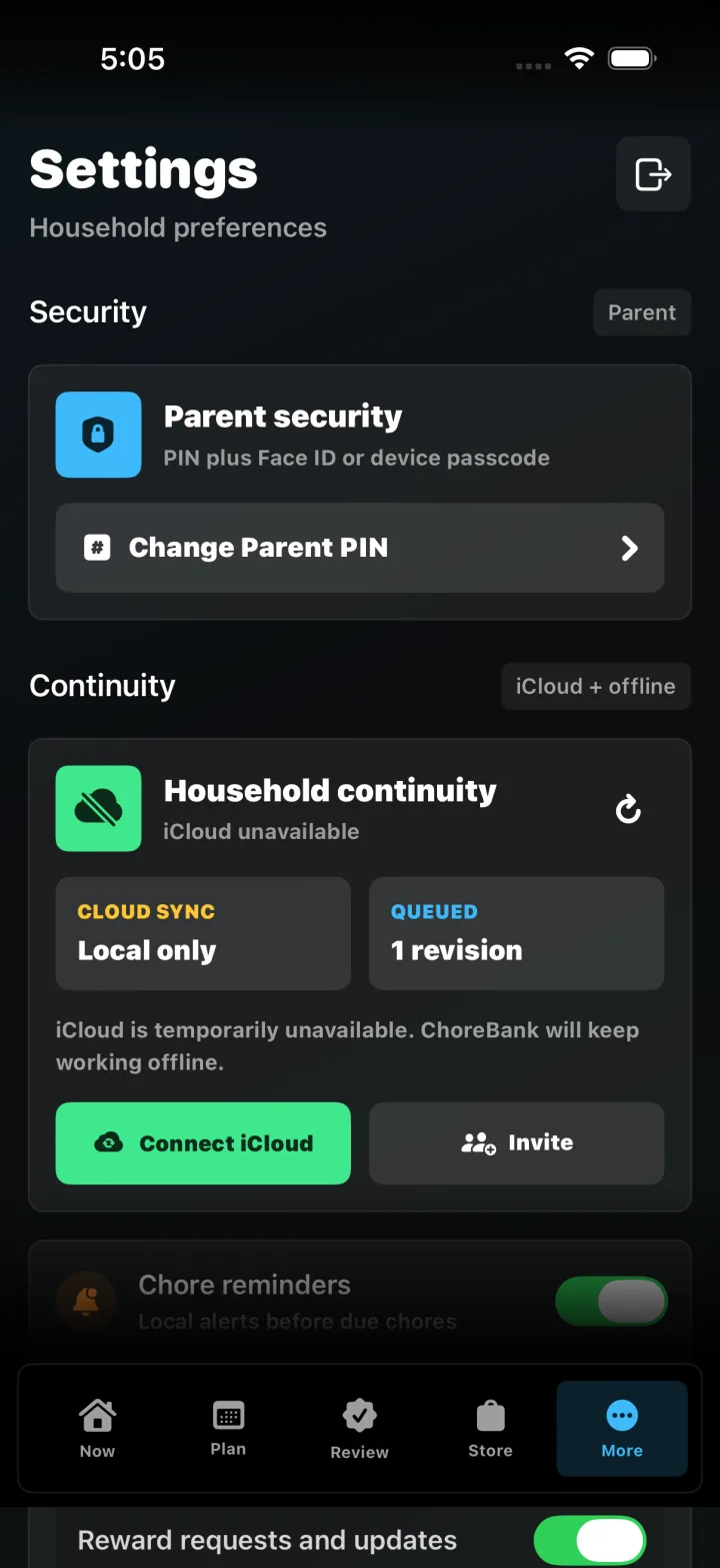 ChoreRally parent settings with privacy and continuity controls